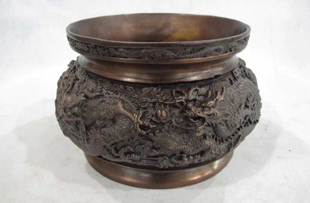 

Chinese Buddhism Bronze Copper Six Dragon Bowl Tank Pot Incense burner Censer