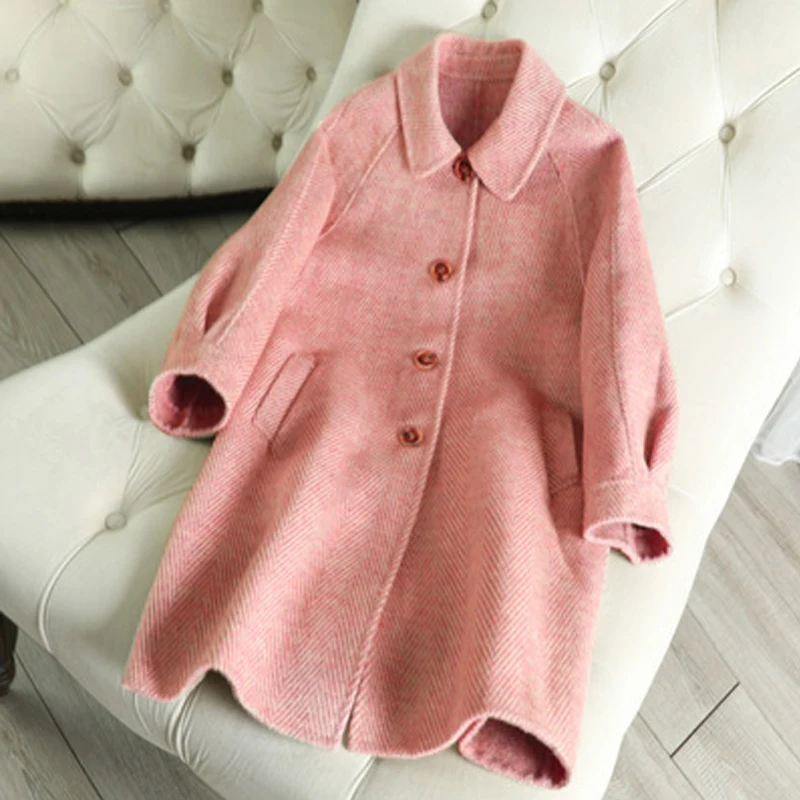 

Spring 2019 New Double-sided Alpaca Wool Overcoat Long Wool Coat For Women Korean Edition Shows Slim Striped Woolen Overcoat