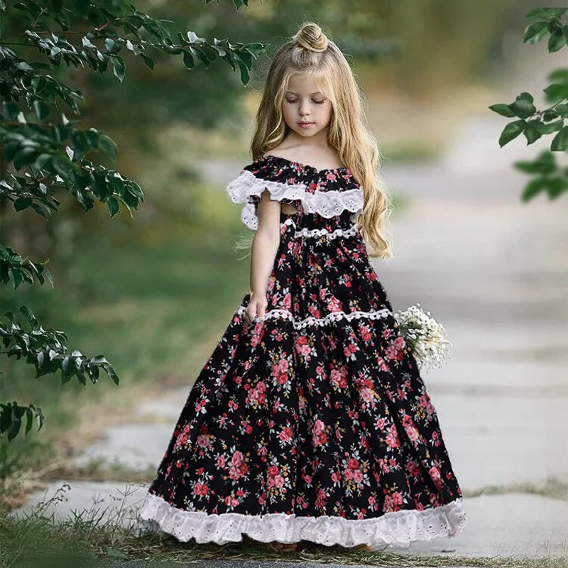 

Lovely Girls Baby Floral Hollow Out Ruffles Vintage Toddler Clothes Shoulderless Ins Sweet Kids Summer Party Princess Dress