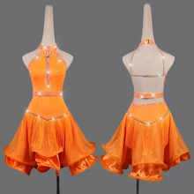 Стразы, платье для латинских танцев для женщин, оранжевое платье с бахромой, газовая юбка для танцев, Клубные вечерние платья для танцев, конкурентное платье для латинских танцев, VDB109