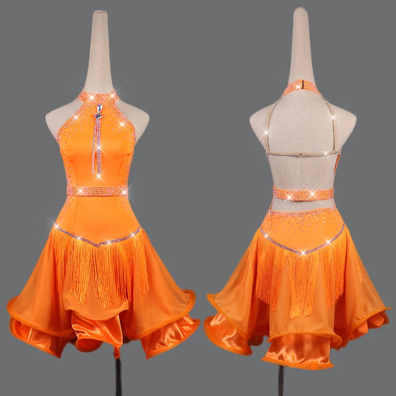 

Rhinestone Latin Dance Dress For Women Orange Fringe Dress Gauze Dance Skirt Club Party Dancer Competitive Latin Dress VDB109