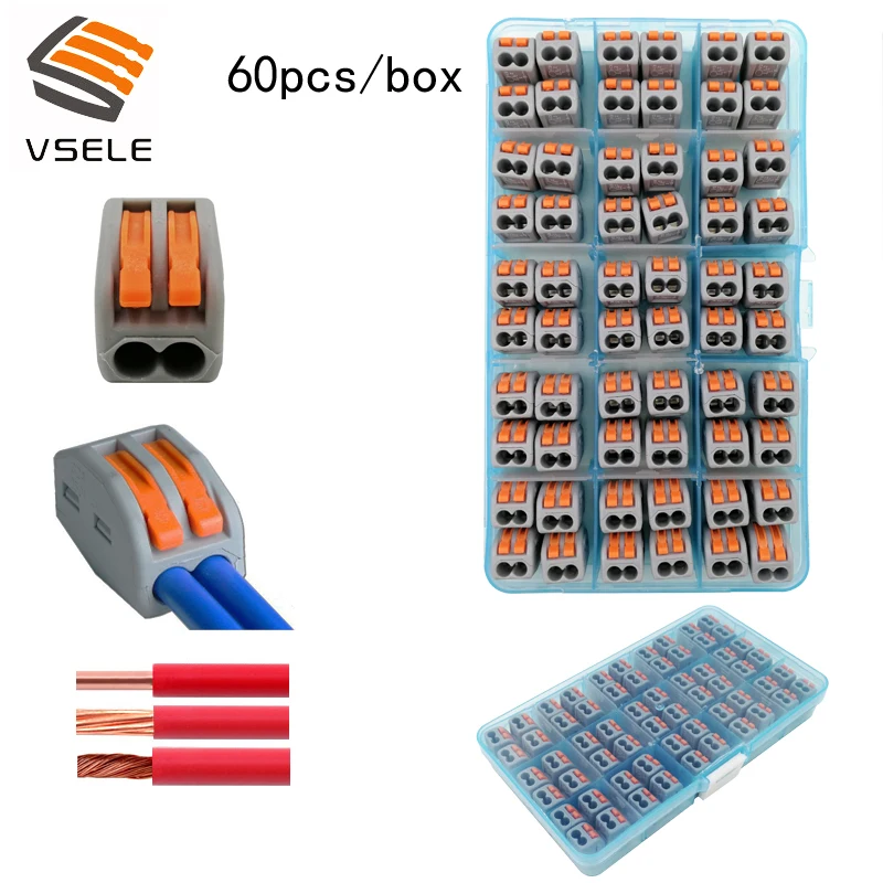

60pcs/box VSE-412A wire connectors for fine-stranded and solid wires 2p plug type spring clamping mini 222-412 terminal block