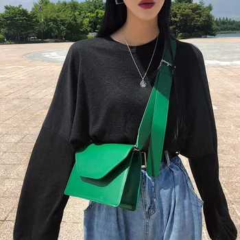 

Vintage women messenger bags Simple Wide Strap Shoulder Bags for Ladies PU Leather Luxury Handbags small flap bag 2019 Green bao