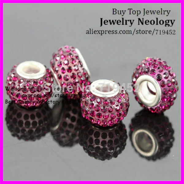 

50PCS-14MM Fuchsia Crystal Rhinestone Resin Rondelle Spacers European Big Hole Charm Beads to Make Jewelry Bracelets Findings