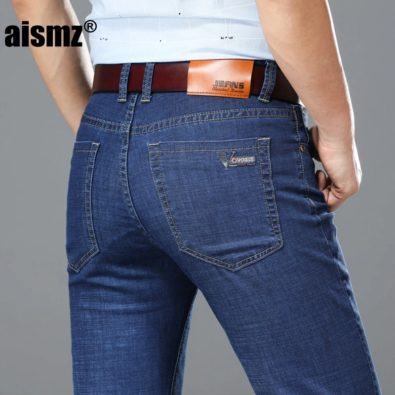 

Aismz Brand Plus size 46 Stretch jeans 2019 New Summer Thin Light blue Trousers Slim fit Straight Business Casual Denim Pants