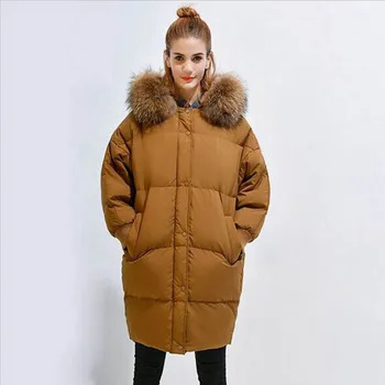 

Large Real Natural Raccoon Fur 2018 Down Jacket Winter Jacket Women Hooded Warm Thick Loose Outwear Female 90% Duck Down Coat