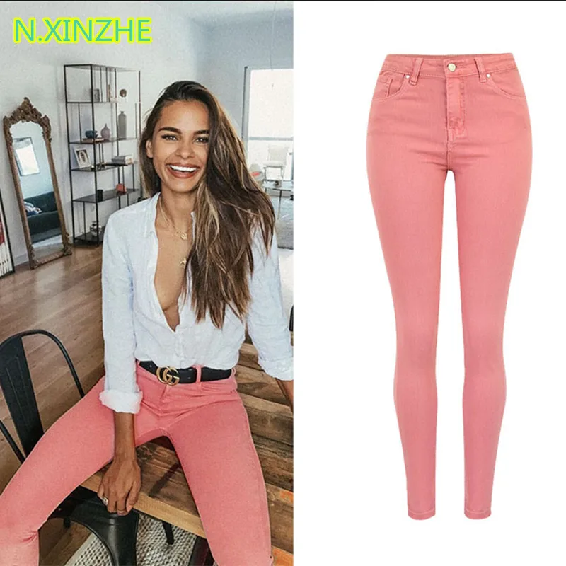  2018 women clothing Mid waist tight elastic pure cotton washed denim pencil pants Female casual fas