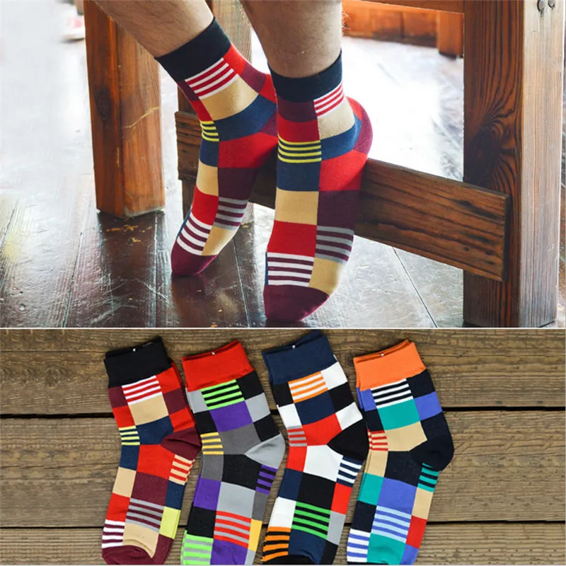 

New Arrival men socks cotton 4 pairs/lot autumn-winter colorful Lattice men's socks high quality brand Male thermal socks