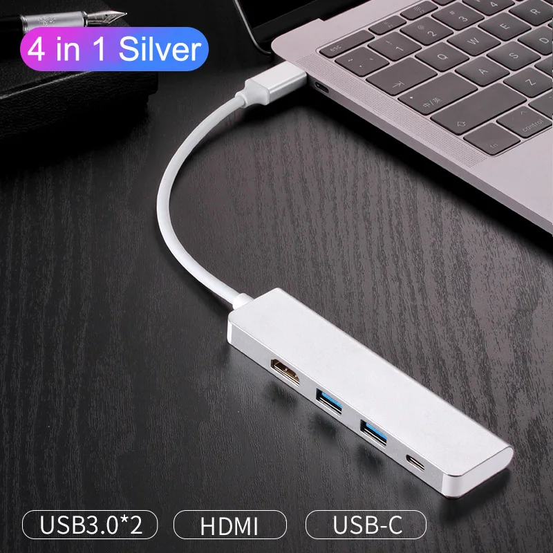 8 in 1 USB 3.1 Type C HUB to 4K HDMI 3.5mm Audio RJ45 Gigabit Ethernet Adapter with Type C PD Charging SD TF Card Reader USB HUB - Цвет: 4 in 1 Silver