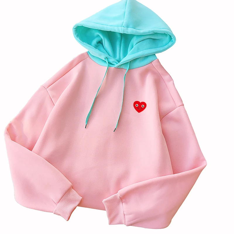

Autumn Sweatshirt Women Kawaii Love Heart Print Long Sleeve Casual Fleece Warm Hooded Female Harajuku Splicing Pullover Clothes