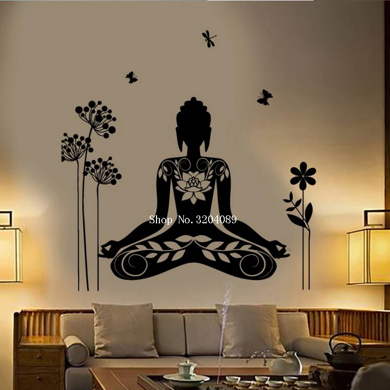 Стикер на стену "Будда" украшение дома медитация мантра цветок бабочка Йога виниловые наклейки самоклеющиеся художественные обои YY576