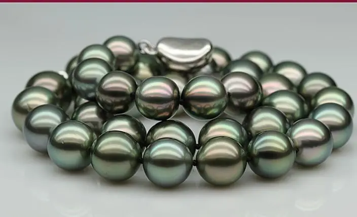 

hugeAAAAA12-13mm round tahitian peacock green pearl necklace 18"
