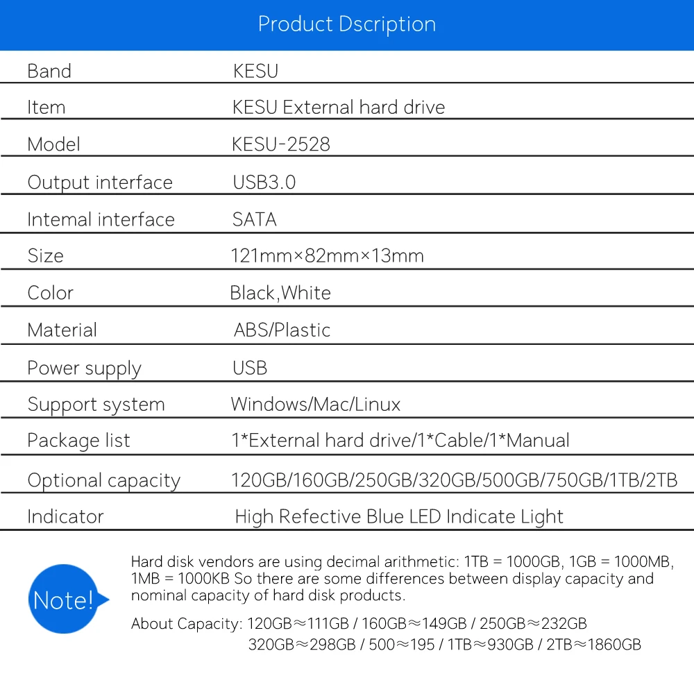 KESU HDD 2," внешний жесткий диск 80 GB/120 GB/250 GB/320 gb/500G/ТБ/2 ТБ жесткий диск hd externo disco duro externo жесткий диск USB3.0