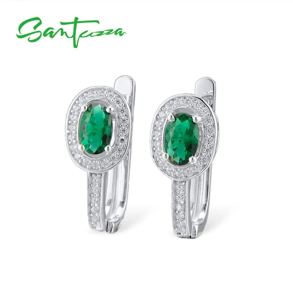 Женские серебряные сережки гвоздики SANTUZZA из серебра 925 пробы с овальным зеленым