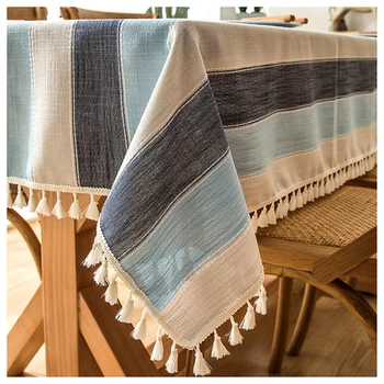 

Solid Stripe Waterproof Cotton LInen Tablecloth Home Decor Dinner End Table Cloth Quality Rectangle Table Clothes With Tassels
