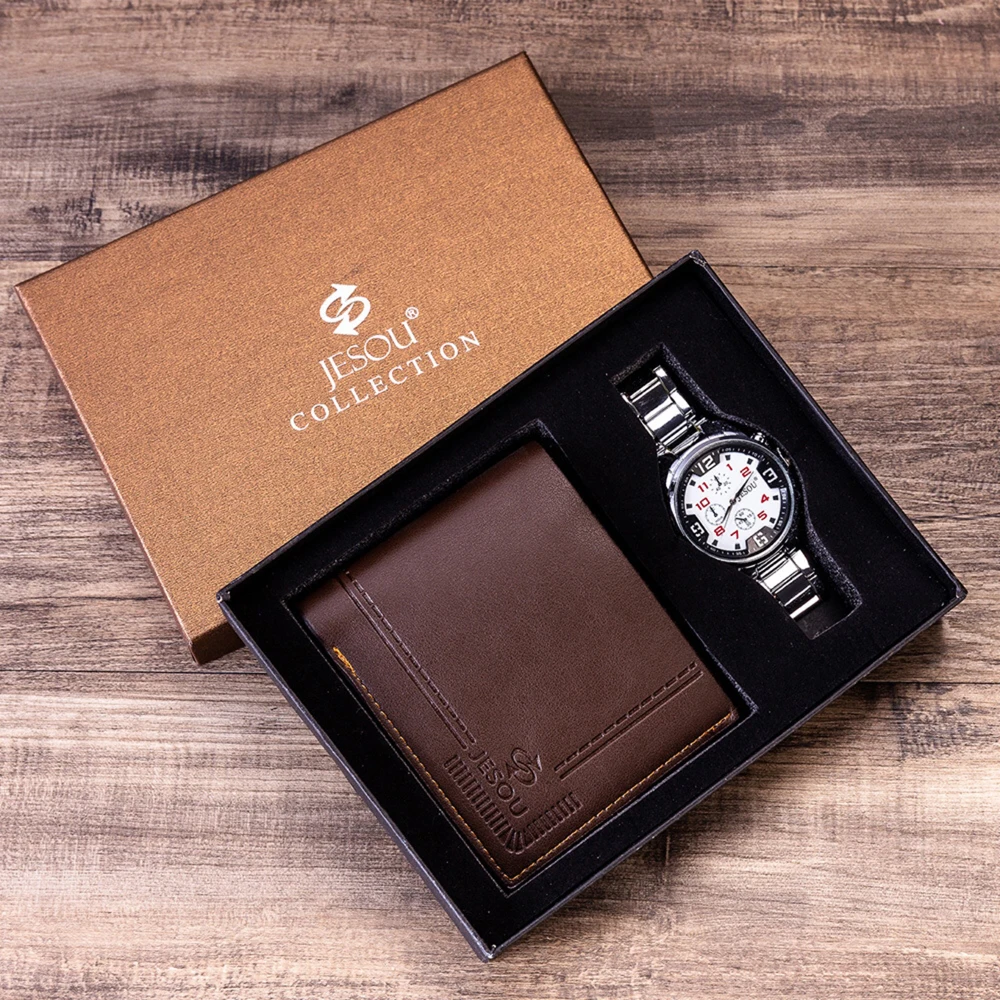 

Men Watches Steel Band Quartz Wrist Watch with Leather Wallet Gift Set for Men's Birthday Valentine's Day Father's Day gifts