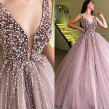 Розовое Бальное Платье без рукавов с глубоким вырезом, платье принцессы в пол из тюля с аппликацией, кружевное платье для выпускного вечера с кристаллами Beadi