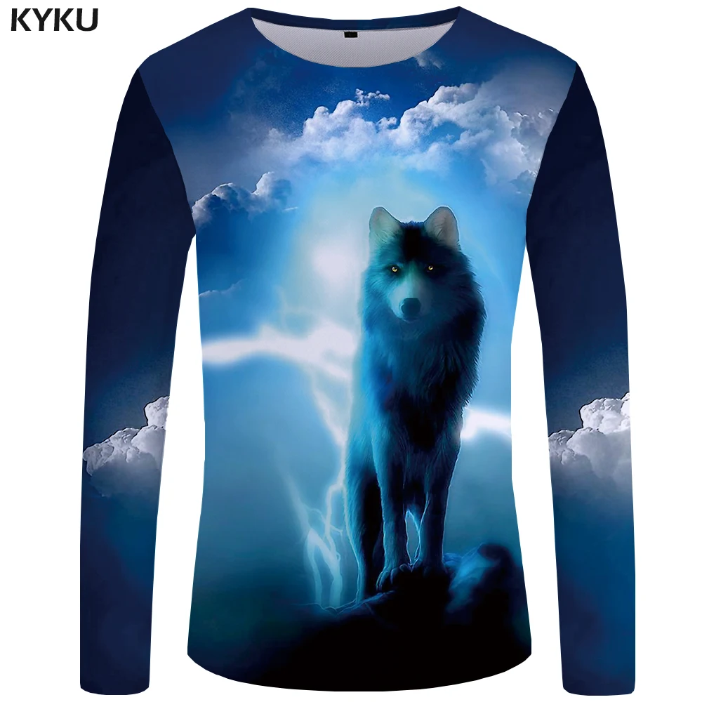 

KYKU Brand Wolf T shirt Men Long sleeve shirt Vintage Rock Black Funny T shirts Terror Punk Animal Japan 3d T-shirt
