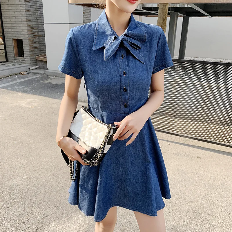 

Denim Dress 2019 Summer Turn-down Collar Loose Short Sleeve Bow Button A-line Female Casual Office Lady Holiday Beach Home Robes