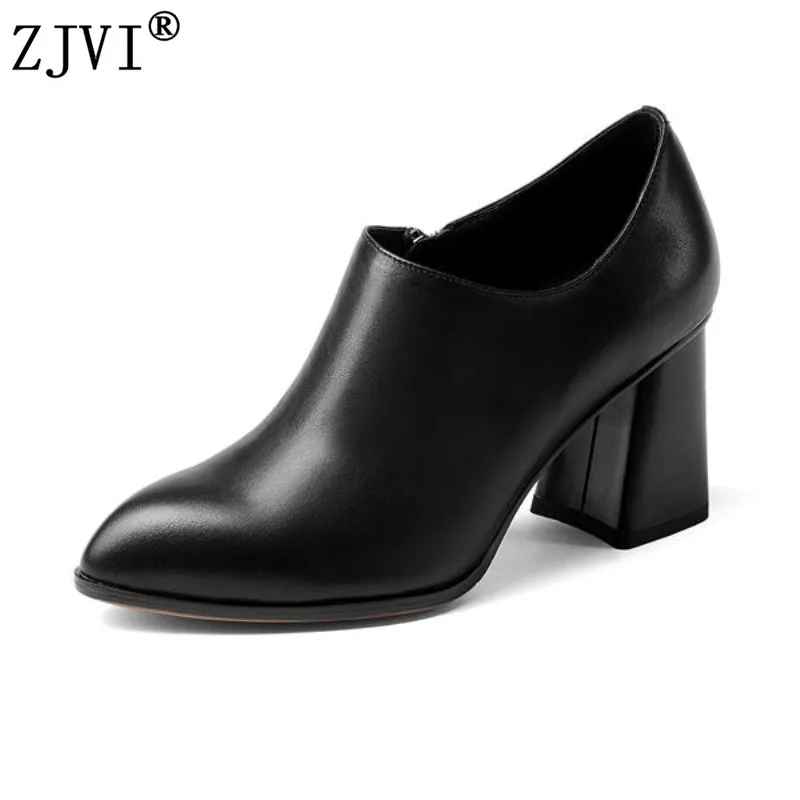 

ZJVI women genuine cow leather pumps woman thick high heels pointed toe shoes ladies fashion 2019 spring autumn work shoes