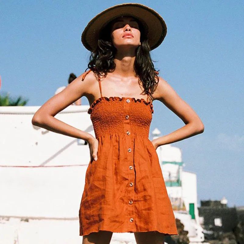 

2019 Summer Fashion Solid Color Strappy Dress Bohemian Sexy Off Shoulder Row Button A-Line Dresses For Women's Evening Clothings