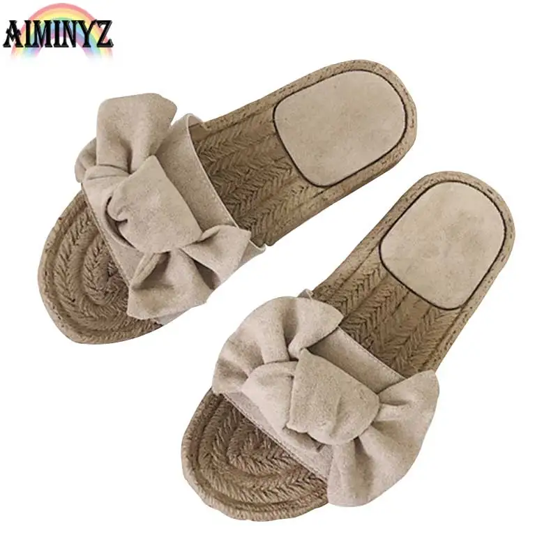 

Women's Slippers Bowknot Summer Slides Leather Beach Flip Flops Outside Shoes Female Suede Zapatos Mujer Home Sandals Cute