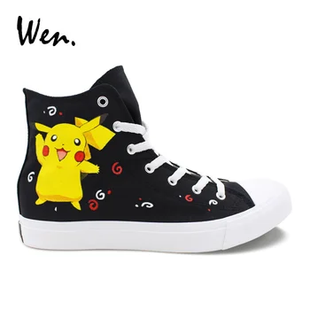 

Wen Black Canvas Sneakers Design Hand Painted Anime Pikachu Pokemon Pocket Monster High Top Female Male Athletic Shoes Gifts