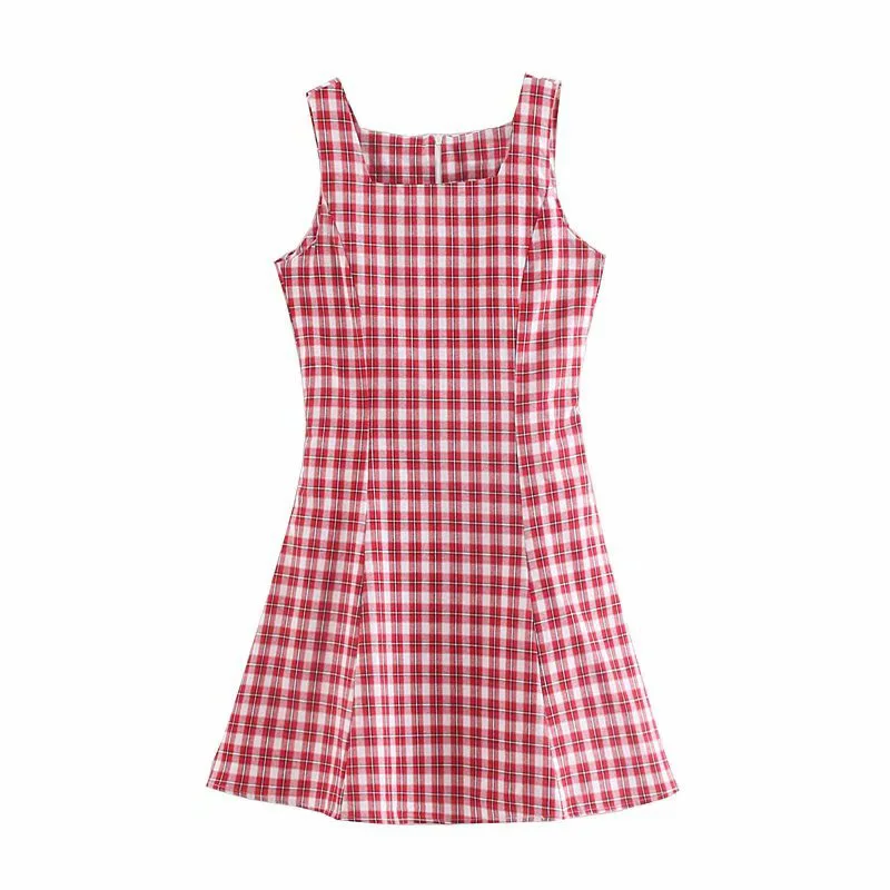 Image Summer Plaid Dress Women Casual Square Collar Sleeveless Slim Beach Style Female A Line Mini Dresses Women