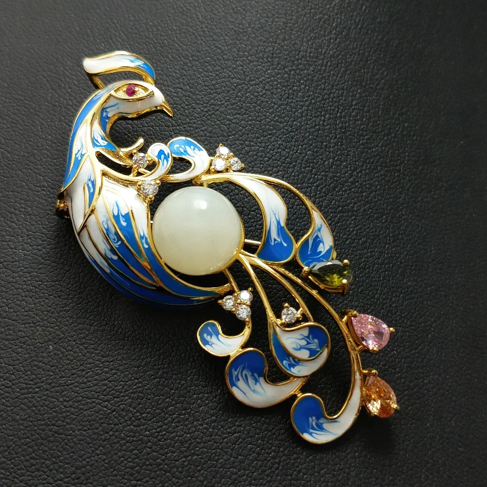 FLZB, Big Animal Brooches Natural Jade Gemstone in 925 Sterling Silver