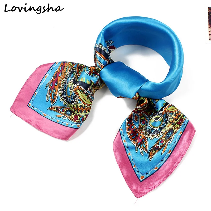 LOVINGSHA 60*60cm Ladies Silk Scarf Wraps Satin Big Square Europe Style Design Scarf Printed