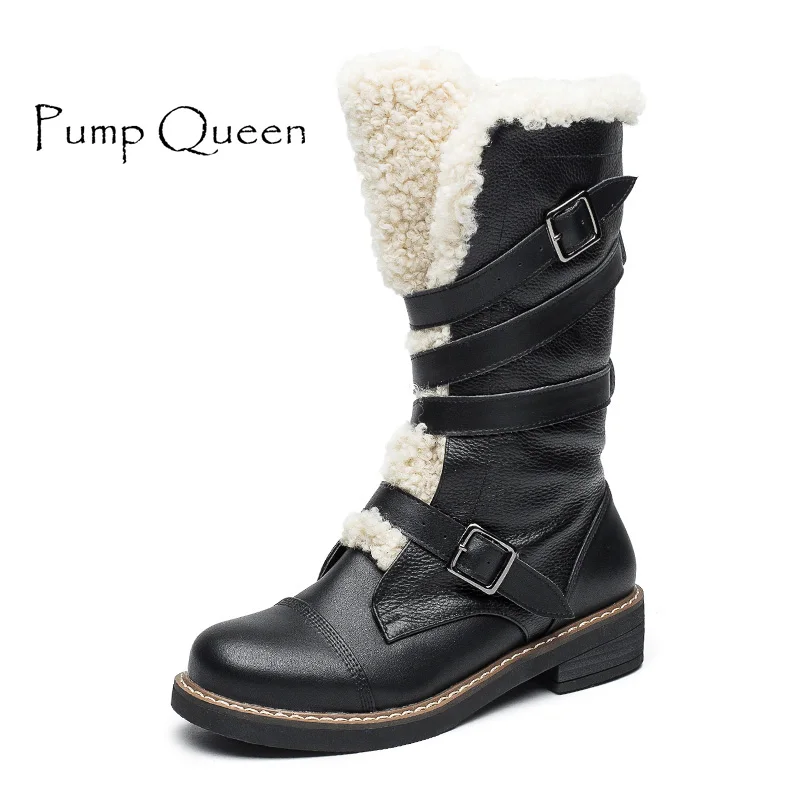 

Winter boots For Women 2017 Genuine Leather Slip-On Knee-High Snow Boots Woman Round Toe Plush Buckle Female Boots