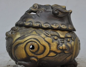 

5"old china buddhism pure bronze foo dog lion beast statue incense burner Censer