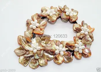 

ORANGE Natural Brown MOP Mother Shell Of Pearl White Pearl 7 Flower Necklace 18"Long wholesale women's jewelry