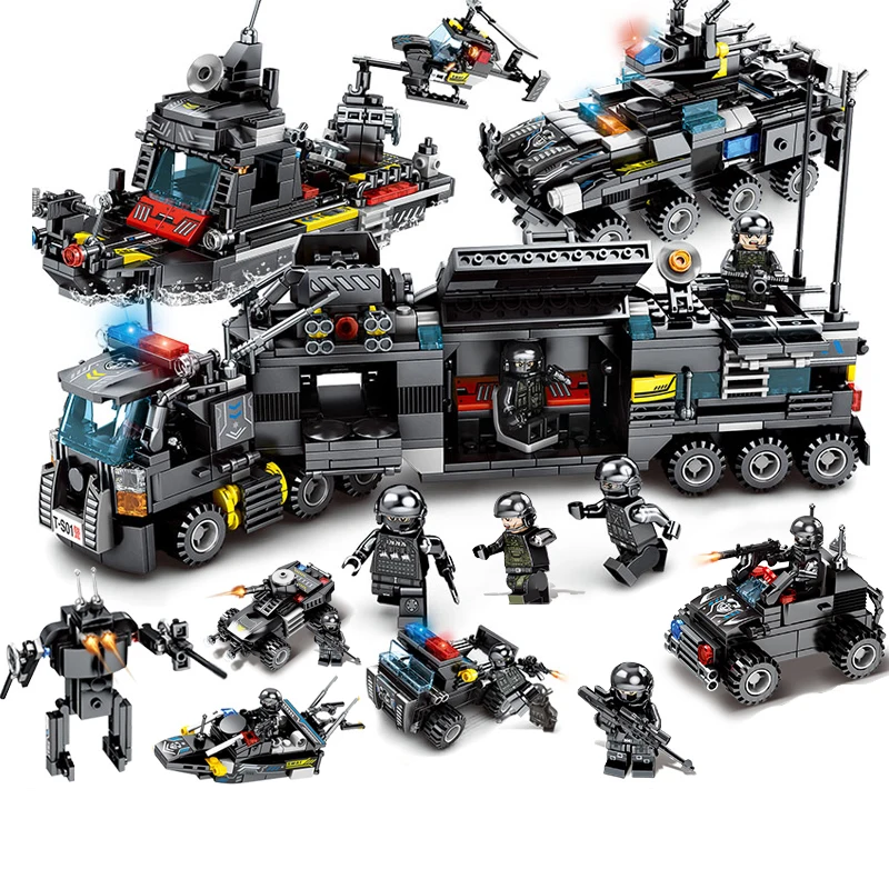 

8pcs/lot SWAT Police Truck Building Blocks Sets Compatible Legoed City Bricks Ship Helicopter Vehicle Creator Toys for Children