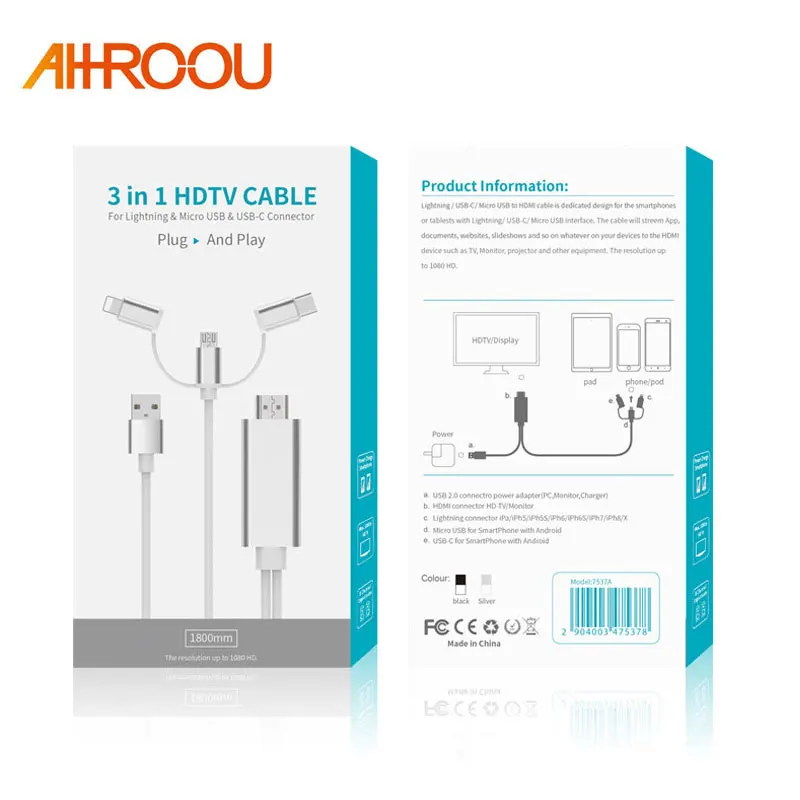 

AHHROOU New 3 in 1 2M HDMI Cable HDTV Adapter AV cable for Lightning/Micro USB/Type C to HDMI 1080P For iPhone Android Phones