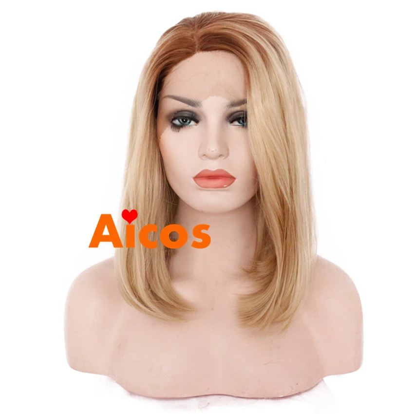 

Hot Sale Ombre Wig  Brown Roots Brown / Blonde Hair Short Bob Wig Synthetic Hair Lace Front Wigs Heat resistant