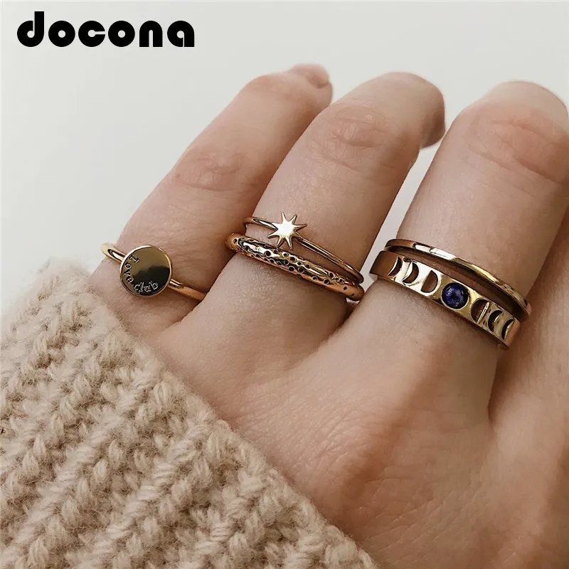 Docona Готический золотой цвет звезда полые геометрические Кольца Набор для женщин