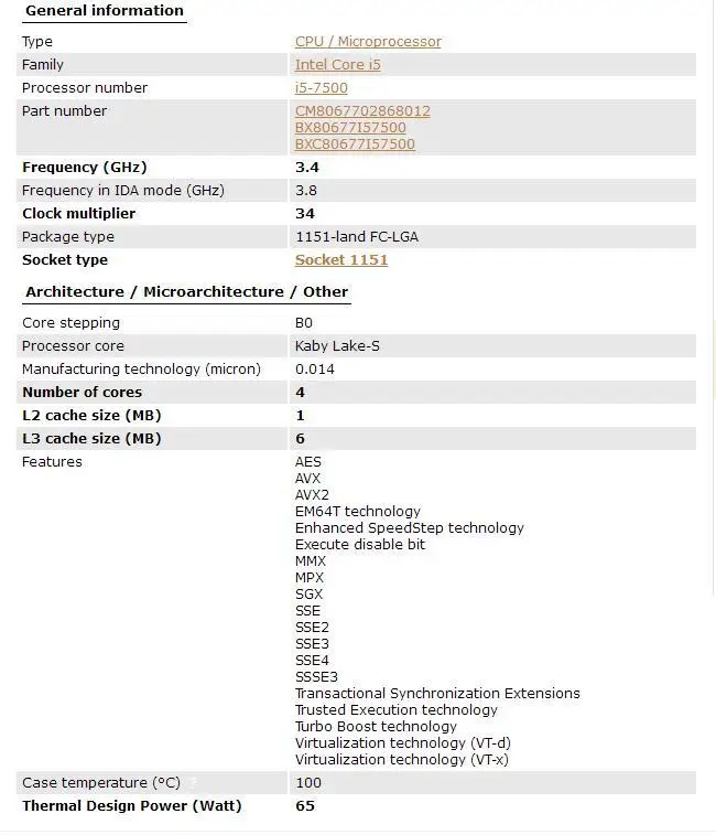 Intel I5 7500 cpu LGA 1151-land FC-LGA 14 нм четырехъядерный процессор 6 серии ПК настольный компьютер процессор I5-7500