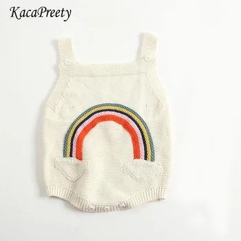 

Colorful rainbow embroidery newborn baby romper autumn winter cotton knitting sleeveless jumpsuit infant kids overalls