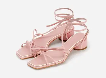 

Fashion Cherry blossom Pink Ladies Shoes Hot Selling Lace-up Mid High Heel Sandal Woman in Narrow Band Cross tied