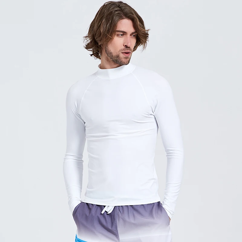 Mens Basic Skins UPF 50+ Long Sleeve Sun Rashguard Shirt Tops Swimming Surfing Snorkeling Diving Tee Basic Layer Wetsuit White