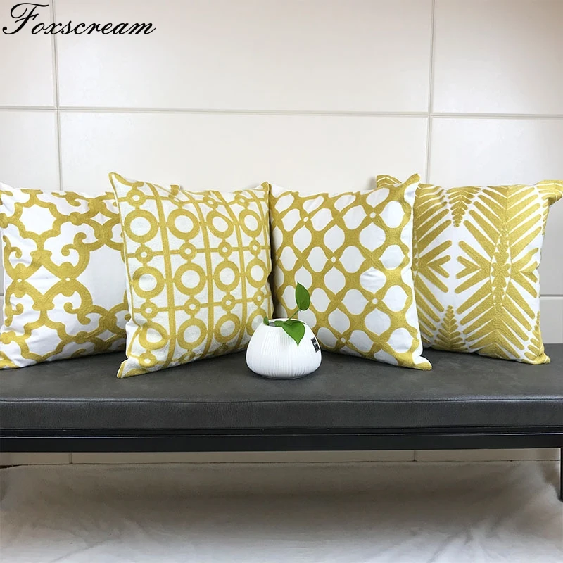 Домашний декор вышитая наволочка для подушки Желтый геометрический цветочный холст хлопок Suqare наволочка с вышивкой 45x45 см