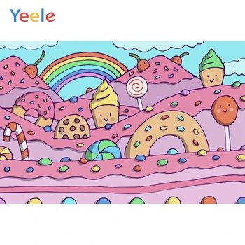 

Yeele Rainbow Donut Candy Ice Cream Clouds Baby Shower Backdrop Photography Background Photographic Backdrops for Photo Studio