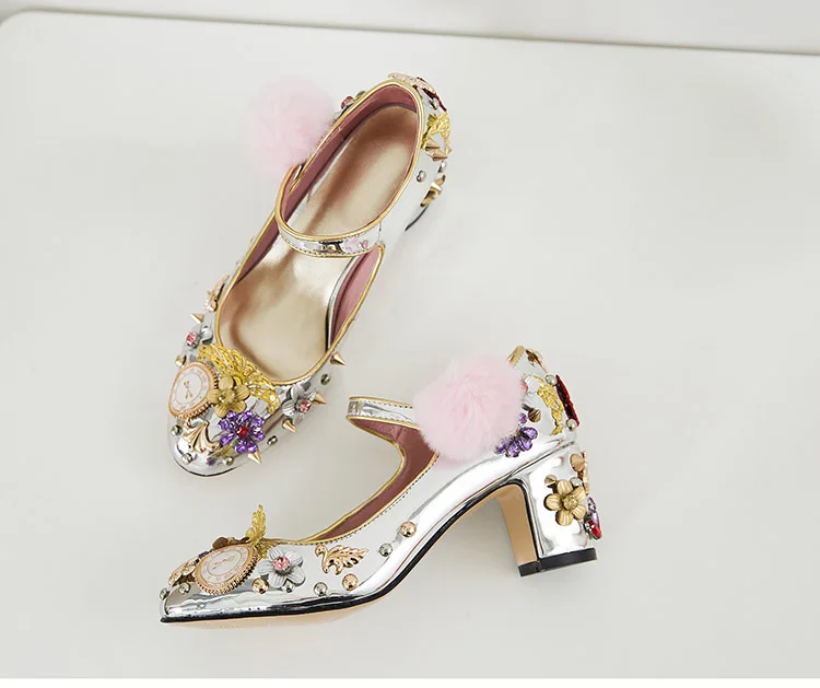 Phoentin Court style mary jane shoes rivet crystal pumps with fur clock decoration gold high heels button closure FT333-1