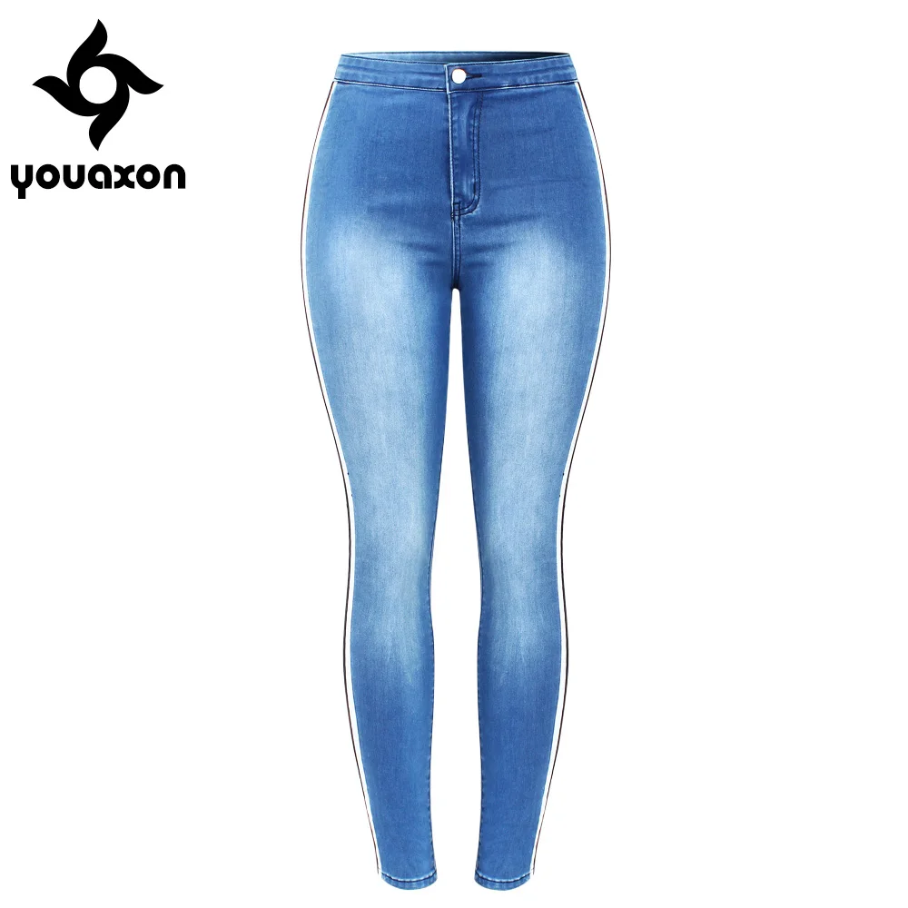 2136 Youaxon новые джинсы размера плюс с высокой талией с боковыми полосками, женские эластичные джинсовые обтягивающие брюки, брюки для женщин, джинсы