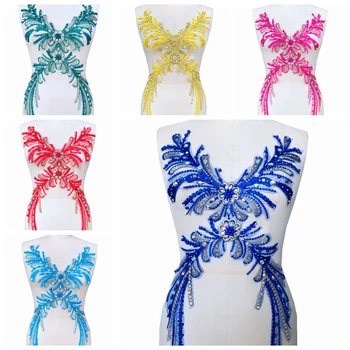 

handmade color Hot drilling Rhinestone lace embroidery patch applique wedding dress bordados DIY Performance clothing