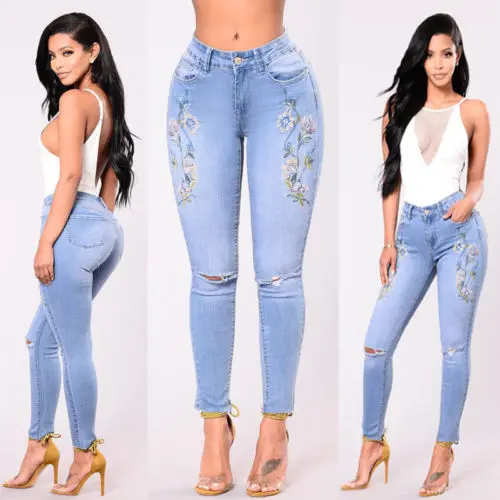 

Women Stretch High Waist Pants Embroidered Floral Ripped Slim Skinny Denim Jeans Womens Ladies Flower Brief Jean Clothing