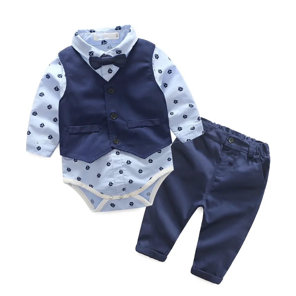 От 1 до 2 лет костюм для мальчика с диагональю экрана 3-6 месяцев Детские боди футболка+ жилетка+ Штаны для маленьких джентльменов; одежда рубашка+ Штаны+ бант для свадьбы, форма - Цвет: Небесно-голубой