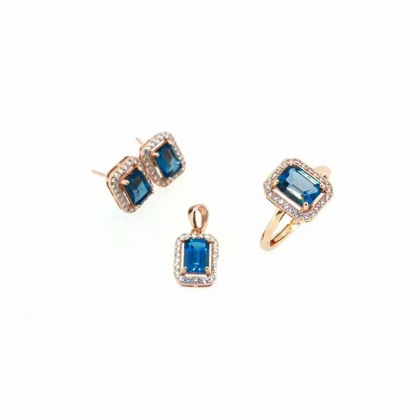 

shilovem 925 sterling silver real Natural blue topaz Rings pendants earring wedding fine Jewelry open new women 7*9mm btz0709agb