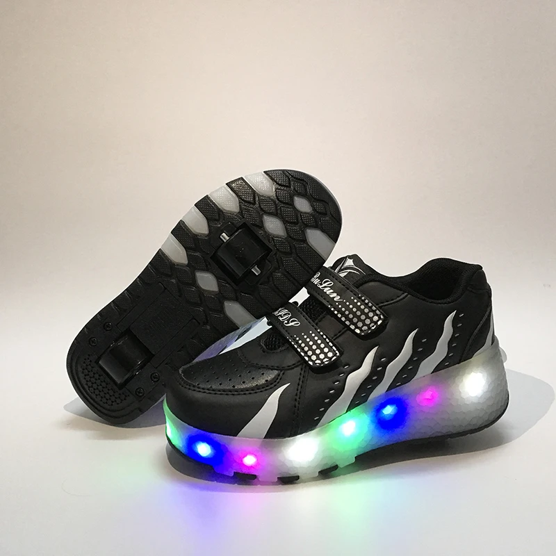 Eur Size  27-43// Children Tenis LED Sneakers Double Wheels Flame Buty Led Luminous Boys Girls Toddler Rollers Glowing Sneakers